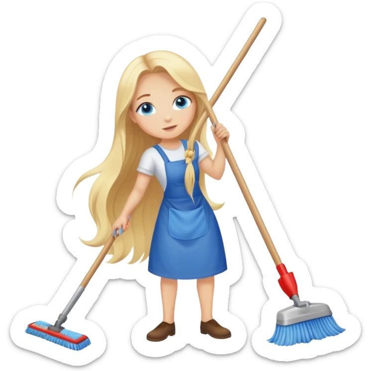 Cinematic realistic blonde with long hair, blue eyes cleans floors sticker