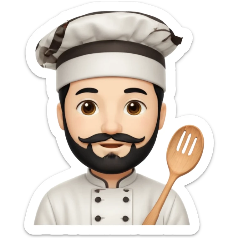CHEF CON PIEL BLANCA, GORRO DE CHEF, PELO NEGRO Y BARBA NEGRA, OJOS MARRON OSCURO. SONRIE Y TIENE MARCAS DE BESOS CON FORMA DE LABIOS EN LAS MEJILLAS  sticker