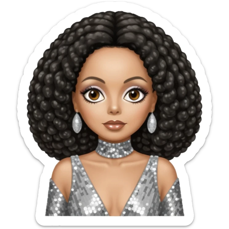 Diana Ross from The Supremes with dark brown hair, silver outfit sticker