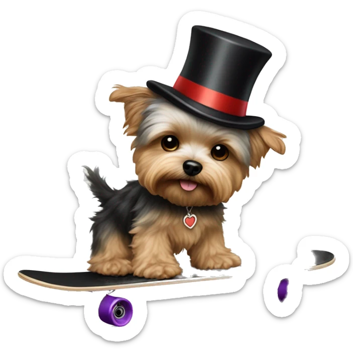 yorkie bichon mix. dog with light tan curly fur, very very long ears down. dark brown eyes, mouth closed. wearing a top hat on a skateboard sticker