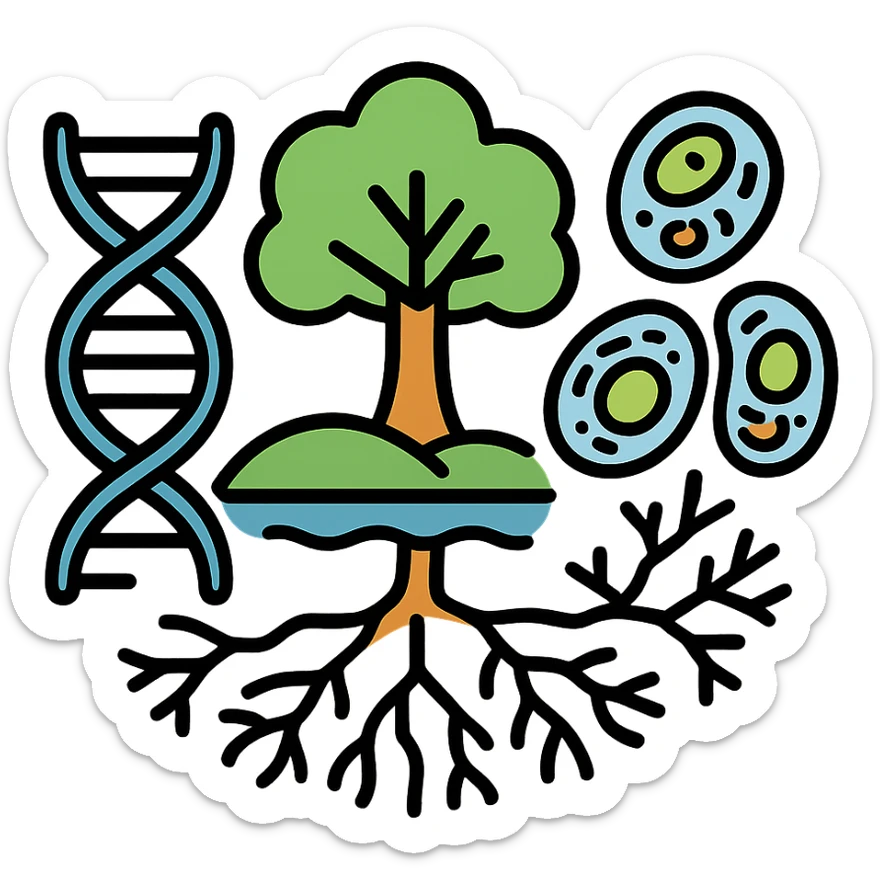 A realistic biological illustration (like in a school book) showing: DNA strands transitioning into a tree, cells with visible organelles, neurons connected to plant roots  and a balanced ecosystem background . Seamless integration, no labels or borders, complete white background (not off white!), detailed but minimalist.  sticker