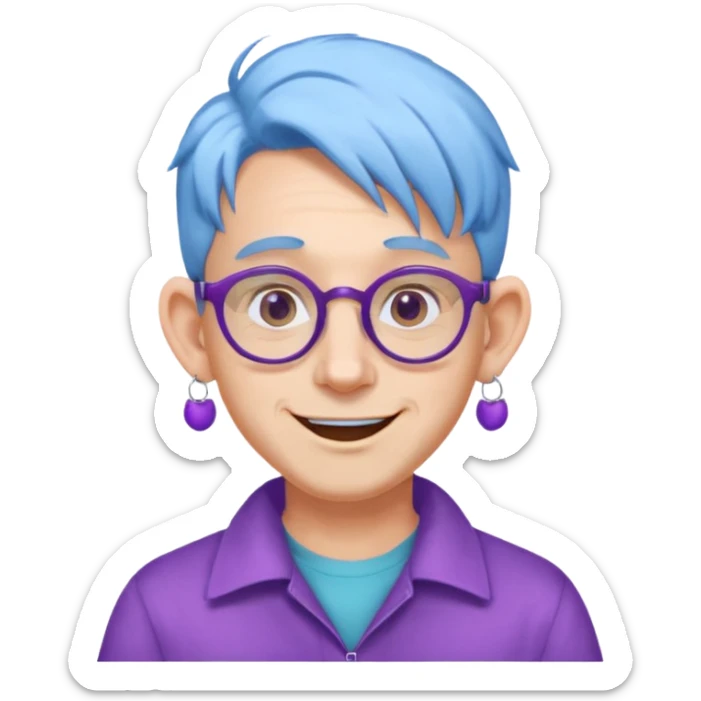 light blue haired man mid length hair with big ears and purple earrings and spectaclesi happy sticker
