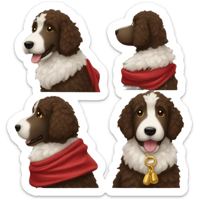 A furry dark brown with white golden doodle in a red scarf sticker