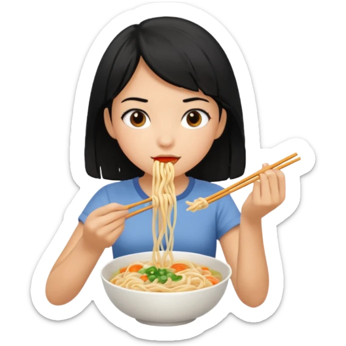 girl with black hair in short sleeves eating noodles sticker