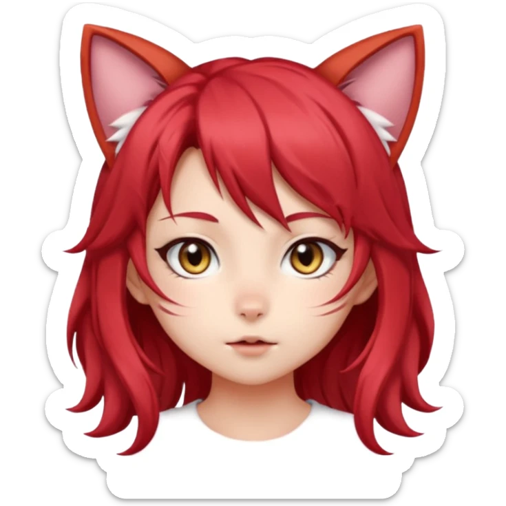 cute anime cat-girl with cat ears, red blowing hair sticker