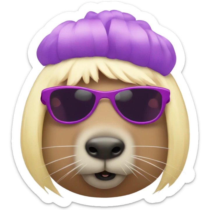 capybara wearing a purple tutu with pink sunglasses, red lipstick and blonde wig sticker
