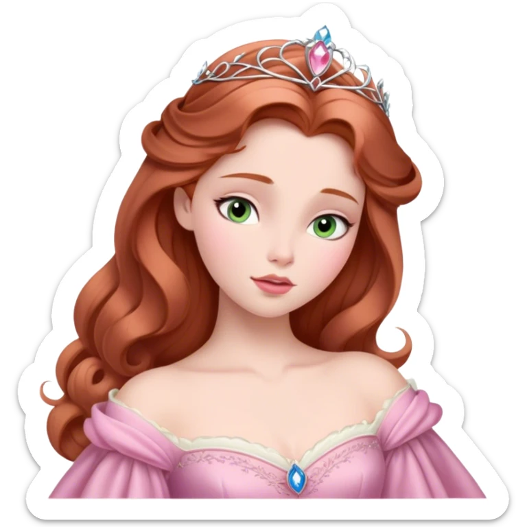 Cinematic Elegant Sleeping Beauty Portrait Emoji, rendered in a realistic, vector-style with minimal shading and bold, simplified shapes. Depict Aurora (Sleeping Beauty) (chest and above) with delicate porcelain skin, soft auburn hair styled gracefully, and gentle, dreamy eyes, dressed in her classic pink gown. The image glows with a soft, enchanting radiance and high shine, capturing timeless regal beauty. sticker