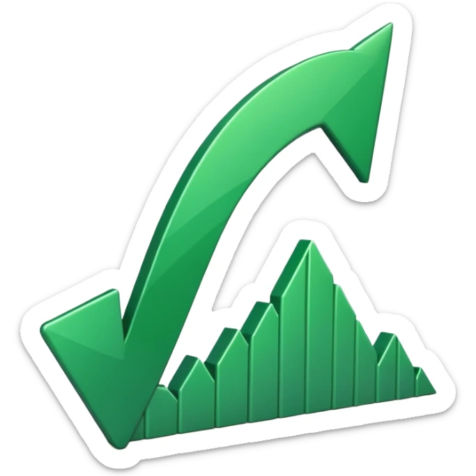 iOS-style 3D emoji: a glossy green arrow curving upward, attached to a jagged rising line chart, with smooth gradients and soft shadow sticker