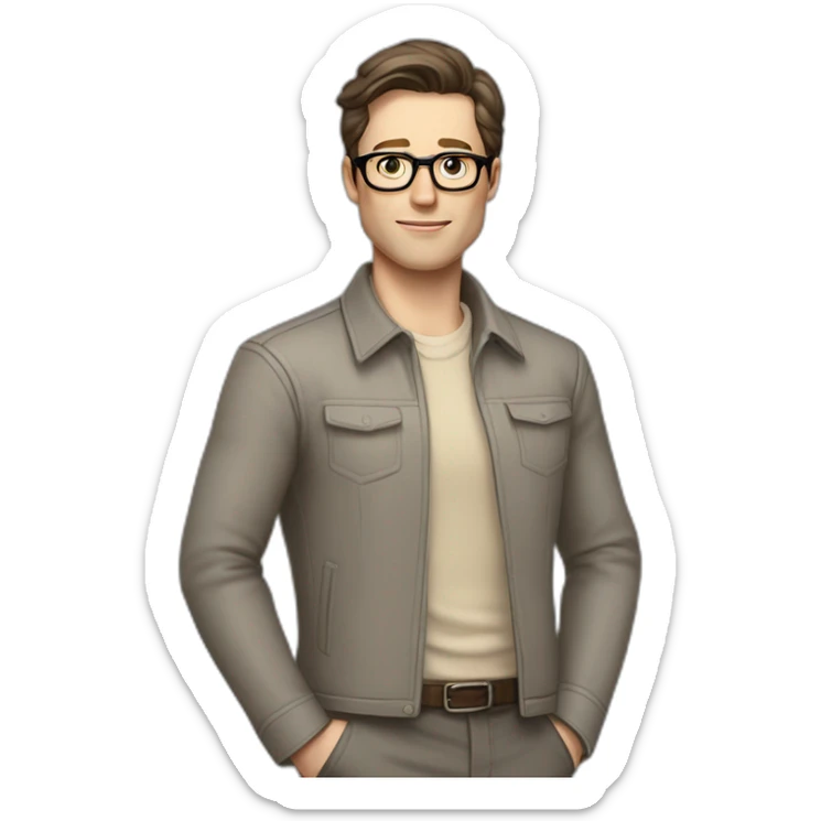 Full height Pale skinned Fit Man With dark brown hair in gray classic jacket, beige office shirt, Brown pants and vintage glasses. Thrumbs of his palms upwards sticker