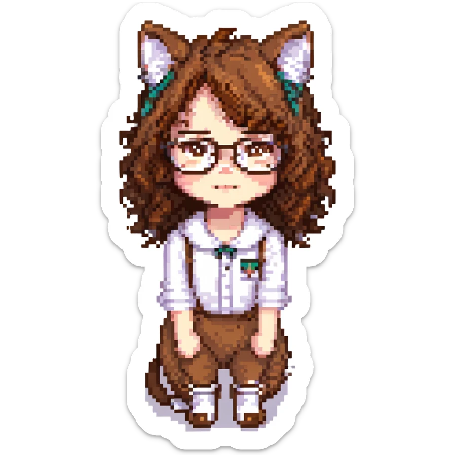 character with brown curly hair, doe eyes, white skin, cat eye glasses sticker