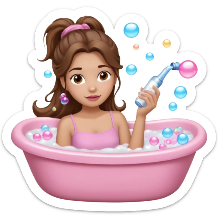 girl with wavy long ponytail brown hair, brown eyes, light to medium complexion, long lashes, light pink lipstick, wearing light pink shirt, lying full body in a white bathtub with bubbles sticker