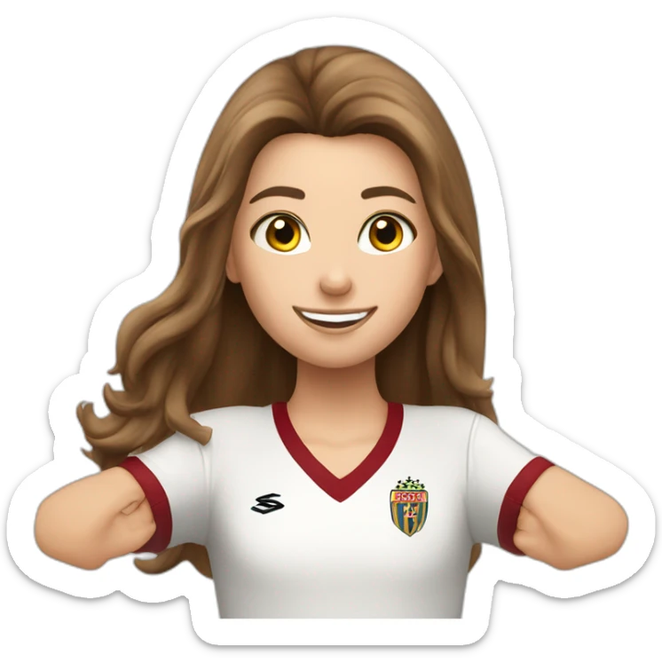 Caucasian girl with long Brown hair doing cr7 celebration as stores a gol sticker