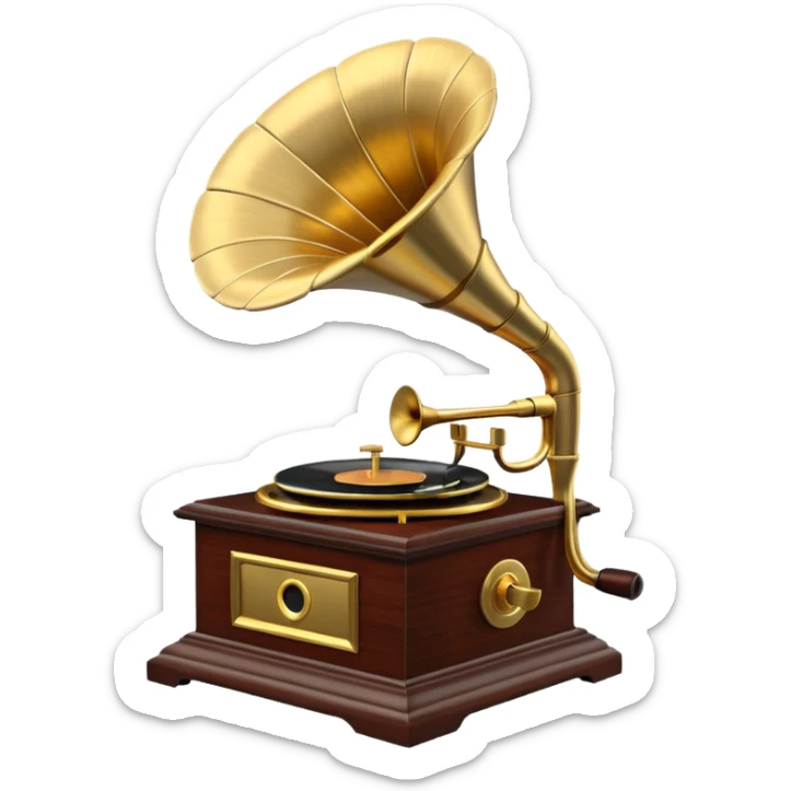 3D render of Gramophone, vintage 1980s audio equipment aesthetic, tactile analog buttons, polished brass gold horn with a dark mahogany wood base, mixed wood grain and brushed aluminum textures, Apple emoji style, isolated on white background --v 6.0 sticker