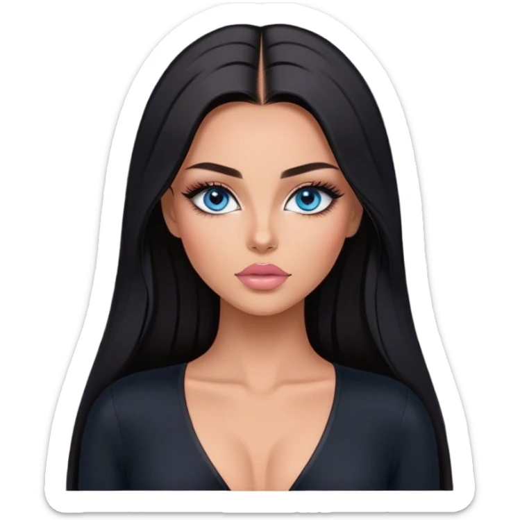 Glamours make-up, tanned, beautiful, girl, with blue eyes, big pump peach-beige-rose lips, eyeliner, long lashes, black straight smooth silky long hair, parting hair in the middle,  in black v-neck bodysuit long sleeves sticker