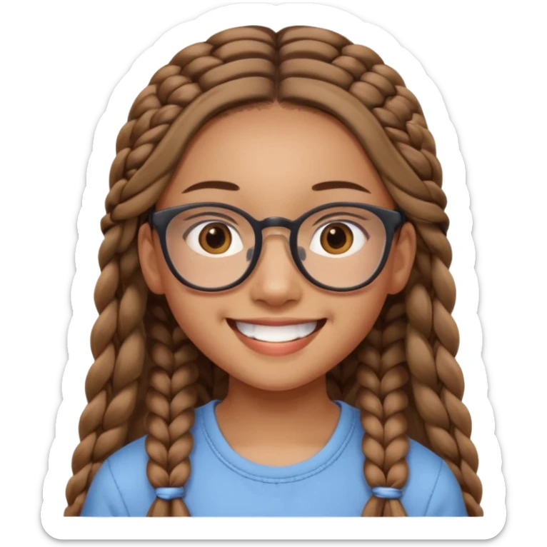 14-year-old Asian girl, long light brown braids, square glasses, big open smile sticker