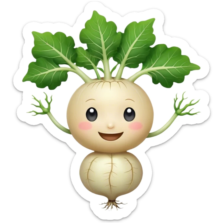white turnip with cute smiling baby-like face and leafy stalk and cute spindly roots for hands sticker