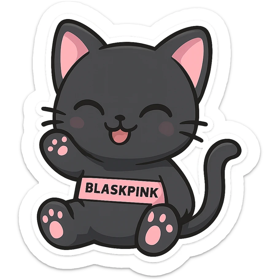 BLACKPINK-inspired chibi sticker, black and pink cat, adorable and playful, chibi style sticker