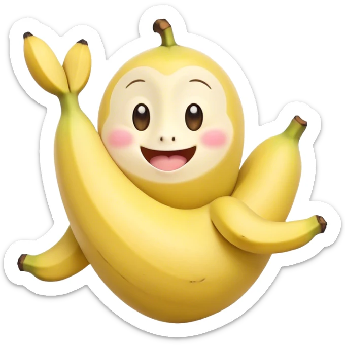 Cute Kawaii Banana, slightly curved, soft pastel yellow, cute giggling face with big round eyes, tiny arms waving happily, a peeled section revealing a smiling expression! sticker