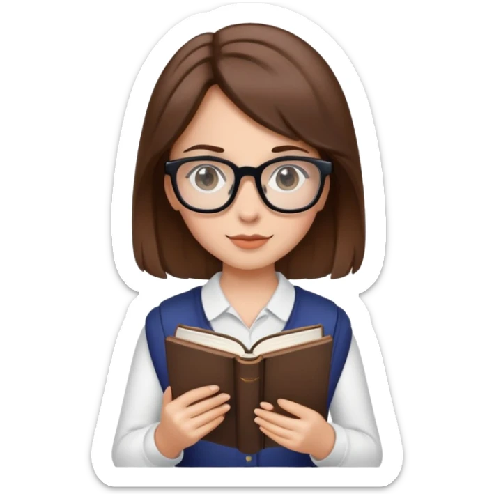 girl with brown hair and black glasses holding a book sticker