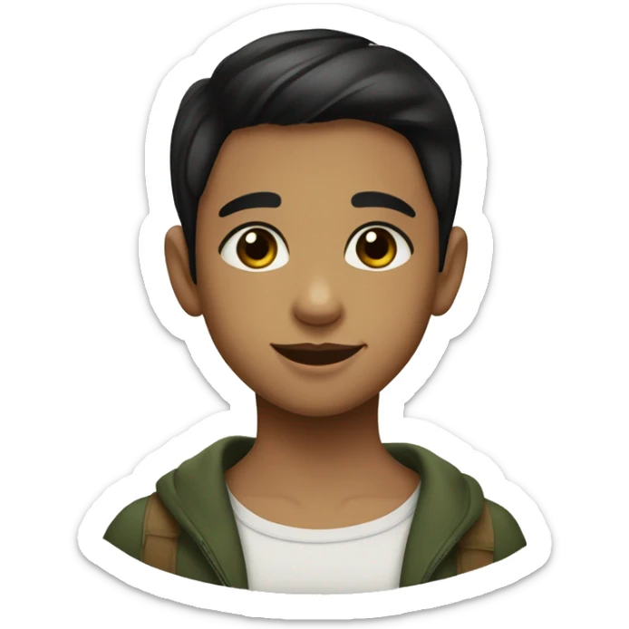 a young boy with short black hair with olive green eyes, full lips and thick eyebrows hugging a young girl with medium dark brown hair with brown eyes and dark eyebrows and with a big smile sticker