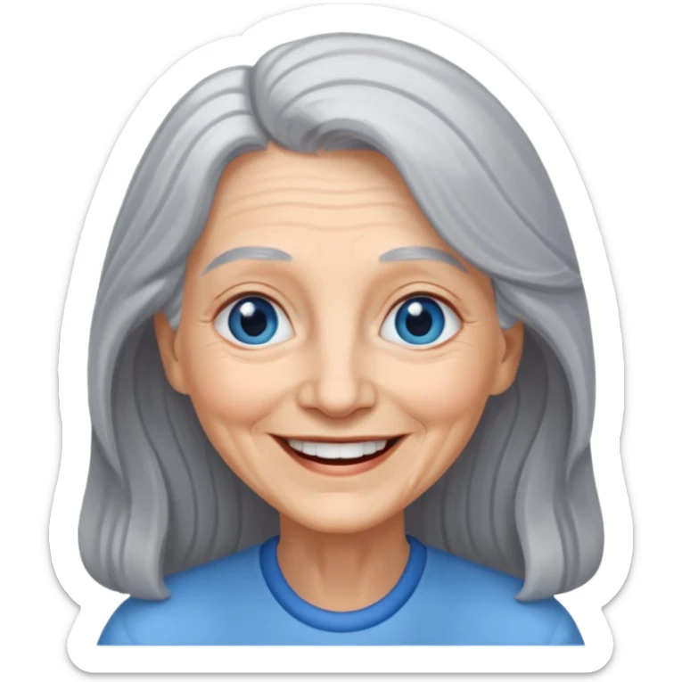 an elderly woman with long, grey hair and a smiling face with blue eyes sticker
