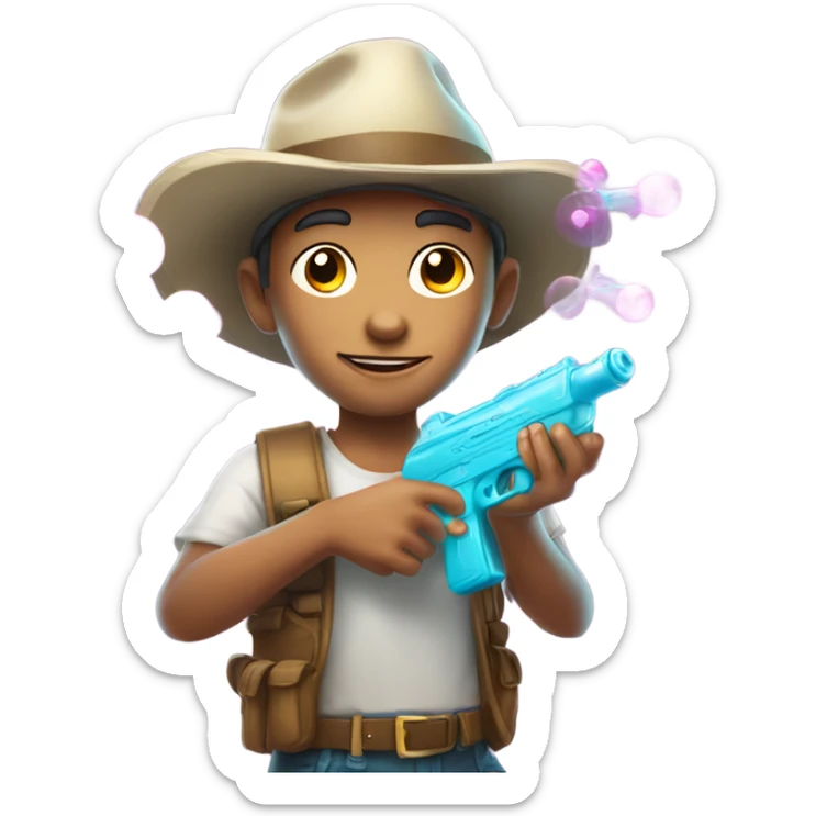 Caucasian boy in glowing outfit and hat with bubble guns in each hand sticker