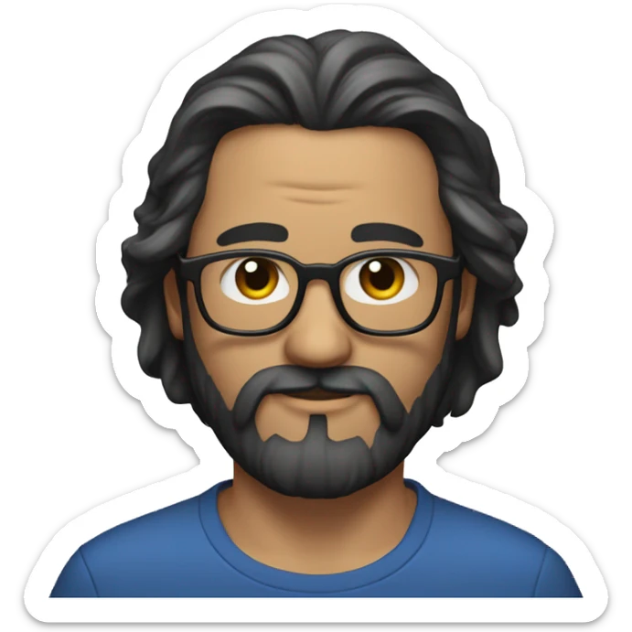Man with long hair in the middle part of the head pulled backwards and short hair in both sides of the head, long beard and glasses sticker