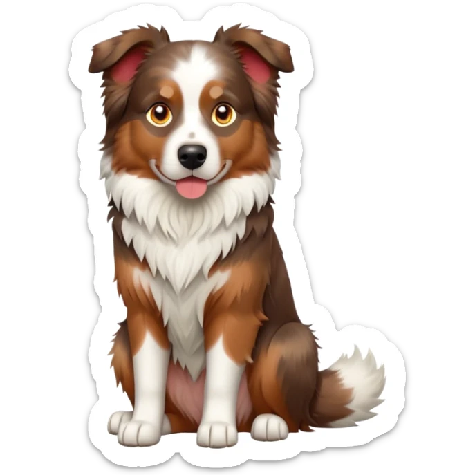 cinematic-[australian shepherd dog]-realistic-full-body-sitting-emoji,-tail-resting-loosely-beside-its-paws,-head-tilted-dramatically,-scruffy-[white and red merle]-fur,-simplified-yet-realistic-focused-features,-highly-detailed,-glowing-with-an-almost-sarcastic-glow sticker