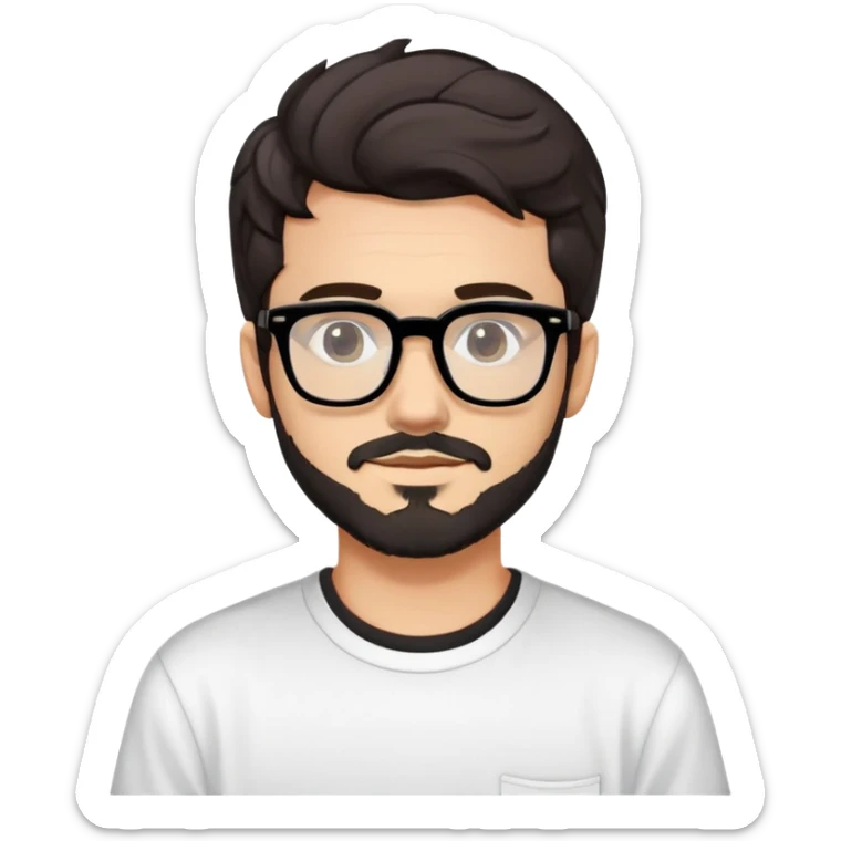young adult man with light skin, short beard, dark wavy hair, relaxed expression, very wide rectangular glasses with thick black acetate frame and thick double bridge, retro oversized style, colorful open shirt and white t-shirt sticker