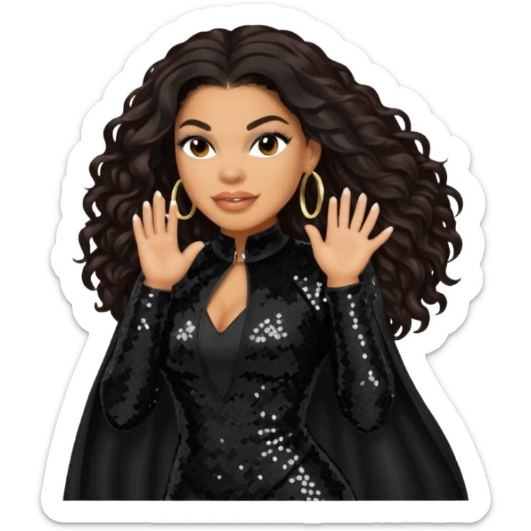 Jordin Sparks with long dark brown hair, black sequin outfit sticker