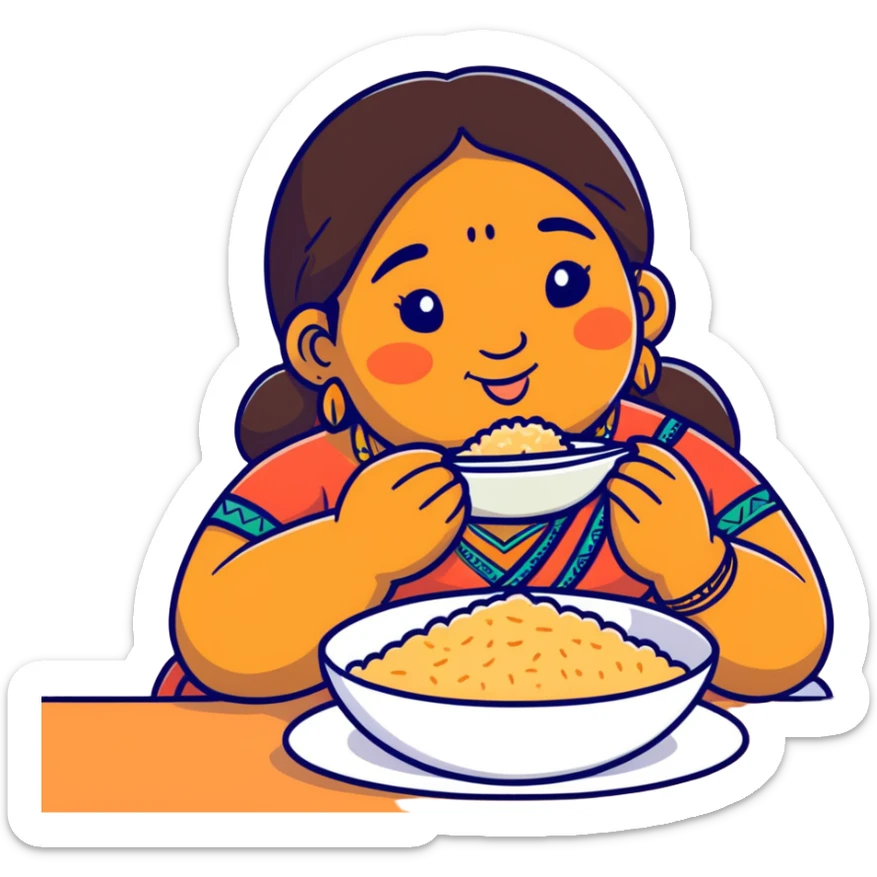 A brown Fat Indian girl with a big nose and forehead eating rice  sticker