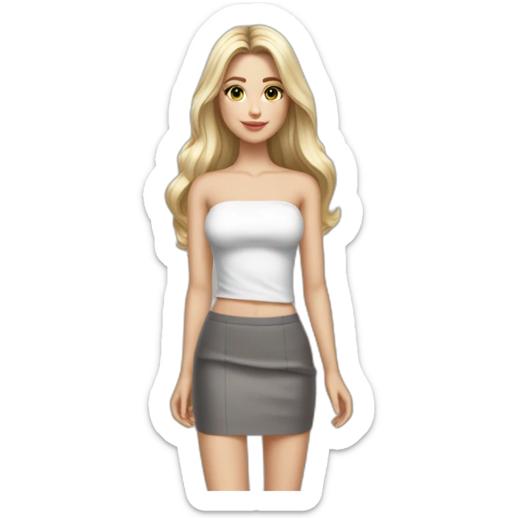 hyperrealist caucasian long hair blonde brown eyes strapless white top gray tight mini skirt black shoes full body sticker