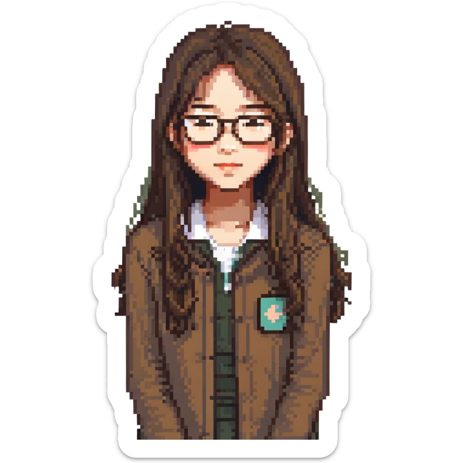 An Asian girl with thin glasses and long layered brown hair sticker