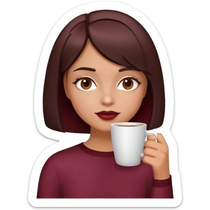 A brunette girl with a bob hairstyle, drinking coffee  Burgundy sticker