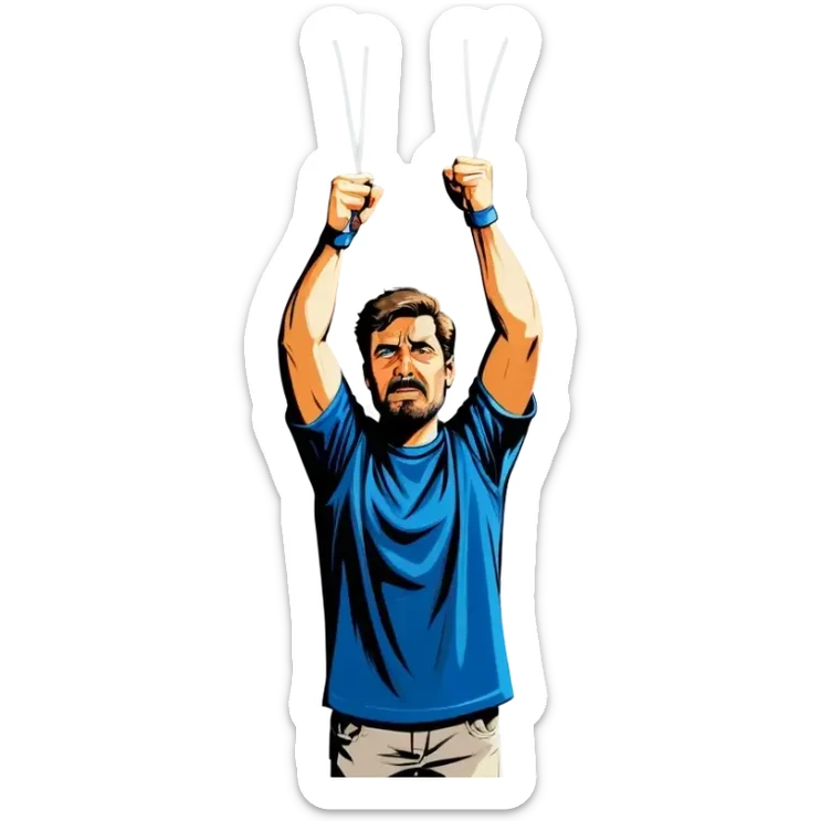 Man holding both arms in the air and holding an electrical cable der Man looks sad sticker
