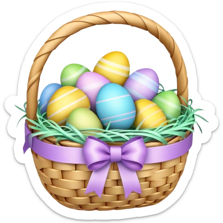 3D emoji of a colorful Easter basket filled with decorated eggs, pastel ribbons, and a woven texture in glossy emoji style. sticker