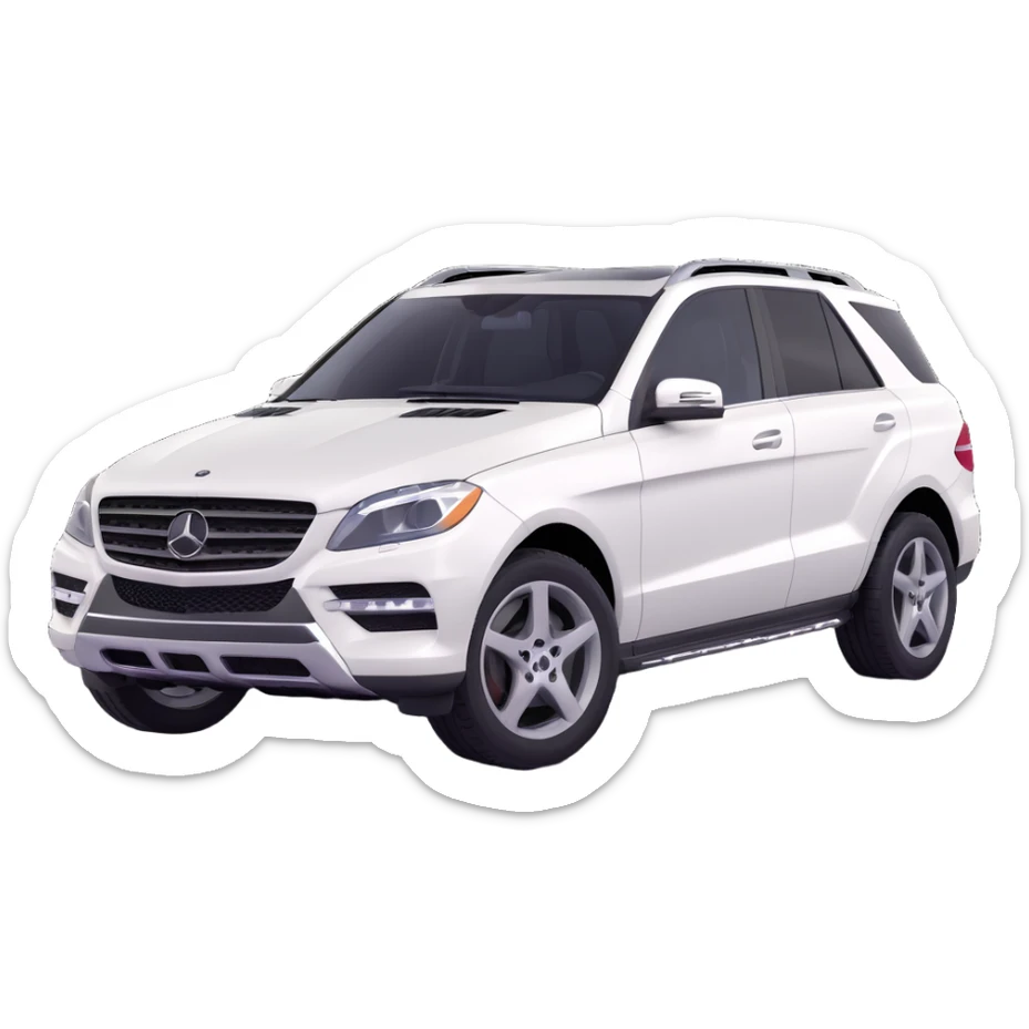 3D style image of a 2015 Mercedes Benz ML350 SUV, white exterior, black interior, rear angle sticker