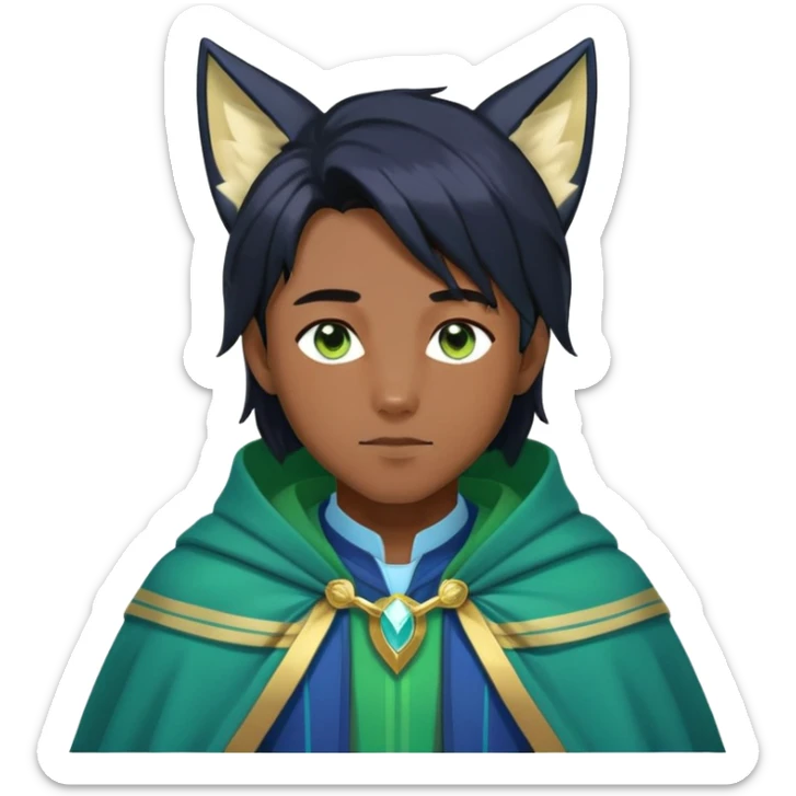 Black anime man with straight long black hair with light-green stripes in it, long dark-blue-black-gradient fox ears, hazel-gradient-brown-turquoise eyes, gold earring, dark-blue-sweater, green cape,  sticker