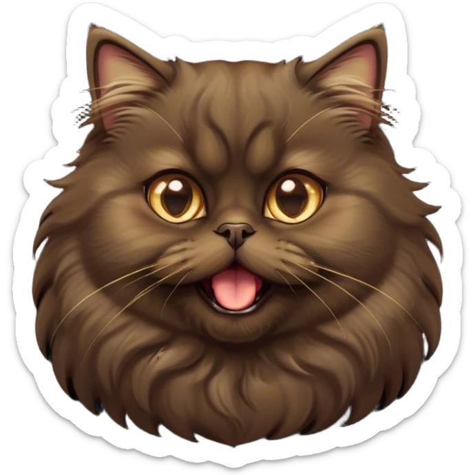 Cinematic Adorable Big-Eyed Fluffy Dark Brown Persian Cat Portrait Emoji, Head tilted playfully with a cute, exaggerated yawn, fluffy dark brown fur with rich caramel and gold undertones, Simplified yet irresistibly cute features with large, expressive eyes, highly detailed, glowing with a warm and gentle glow, high shine, a mix of affectionate and sleepy, stylized with a touch of whimsy, bright and full of charm, soft glowing outline, capturing the essence of a fluffy, loving kitty yawning in the most adorable way, so endearing it feels like it could leap out of the screen and stretch out for a cuddle! sticker