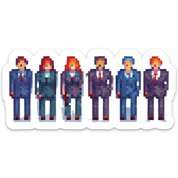 Convert this group photo of seven people in suits into pixel art style, keeping the group pose and formal attire recognizable. Maintain the pixel art aesthetic with clear, blocky pixels and simplified colors, preserving the formal group pose and suits. sticker
