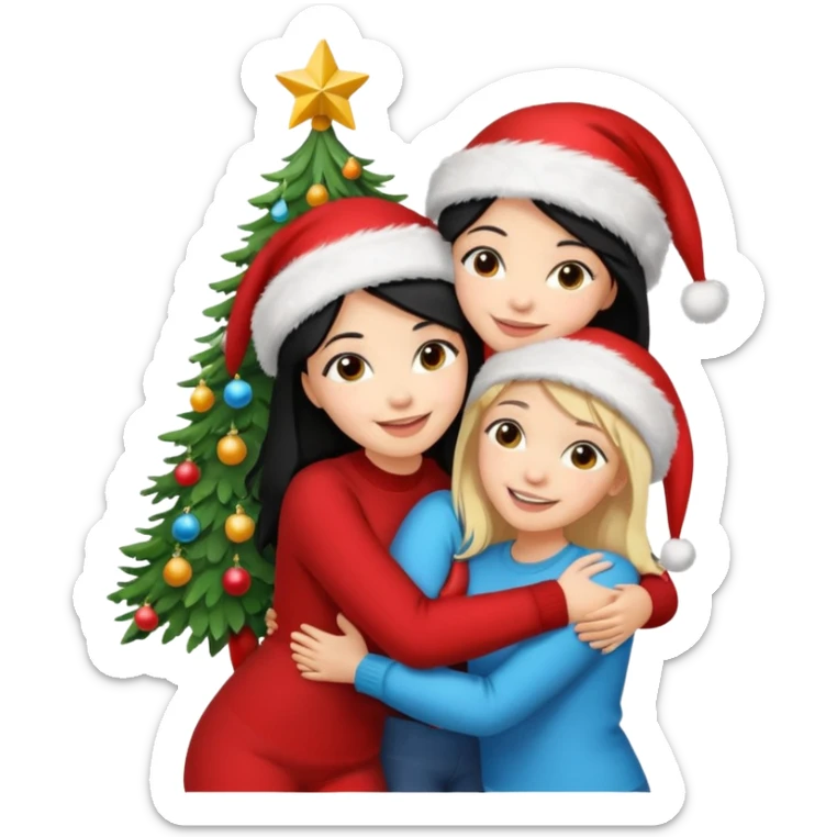 Generate Christmas-style emojis  family. Where light-skinned people stand near the tree all together, hugging and smiling. 2 girl should be Light-haired woman, 1 woman black-haired woman, and 1 man  sticker