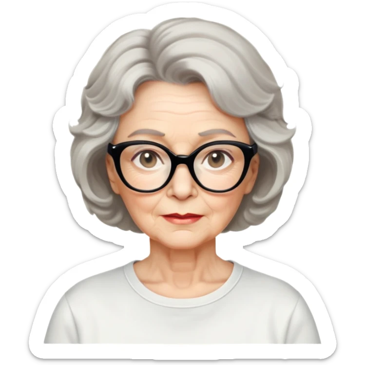 white older woman, about 65 years old, light warm skin, wide face, black wavy neck-length 80s short hair, low volume, neutral expression, large black shiny butterfly or cat-eye glasses, white casual t-shirt sticker