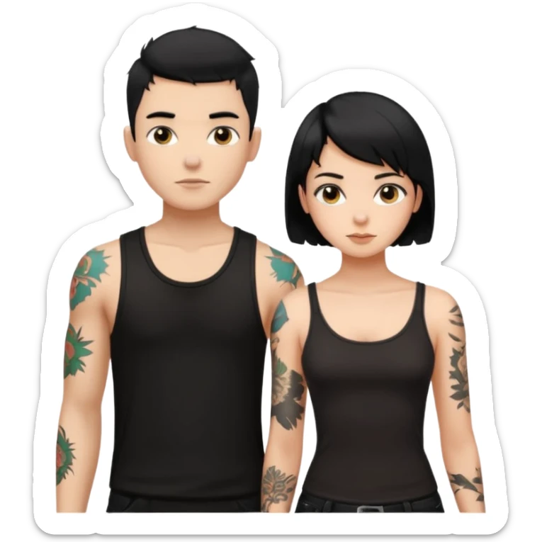 generate a fair boy with messy black hair, tattoos. standing beside a fair black haired girl wearing a black cami top and a boy with a buzz cut  sticker