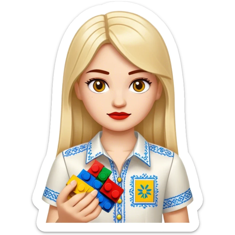 A Ukrainian girl in an embroidered shirt holds Lego bricks sticker