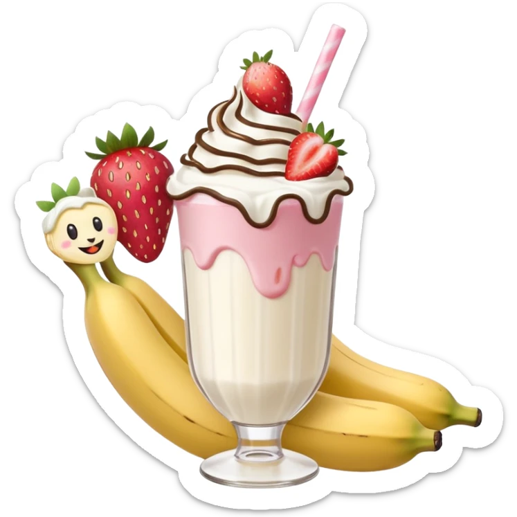 Milkshake vanilla with a banana sticking out of it and two strawberries on both sides of the banana at the very tip of the banana, whipped cream and a smiley face sticker