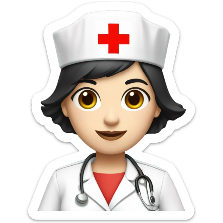pixie cut black straight hair female nurse  hat with red cross sign in the middle wearing dress
pale skin color sticker