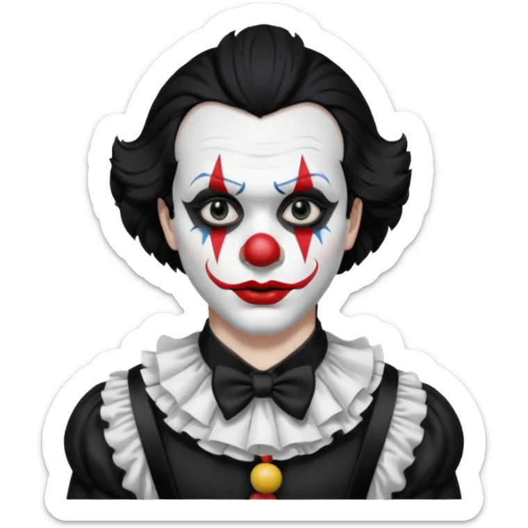 man with black hair only black and white clown makeup black eye makeup black lipstick black clothes sticker