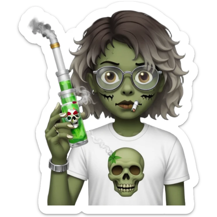 brown short wavy haired zombie getting stoned with weed t shirt and bong on his hand and wearing black chrome hearts bifocals sticker