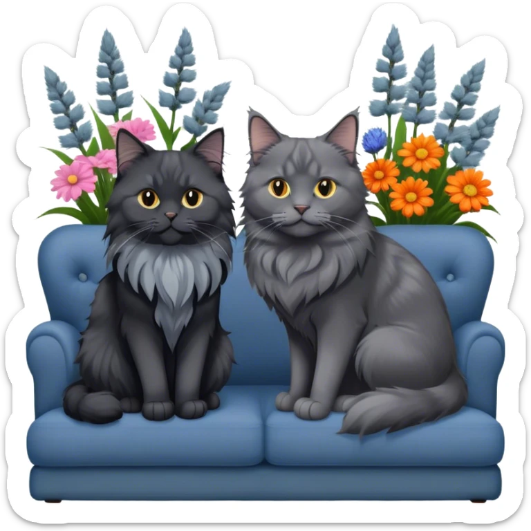 A black smoke Maine Coon cat with long gray ear tufts and a large gray ruff, and a thick blue British Shorthair cat, sitting together on a couch. A cozy room with flowers in the background. Transparent background. sticker