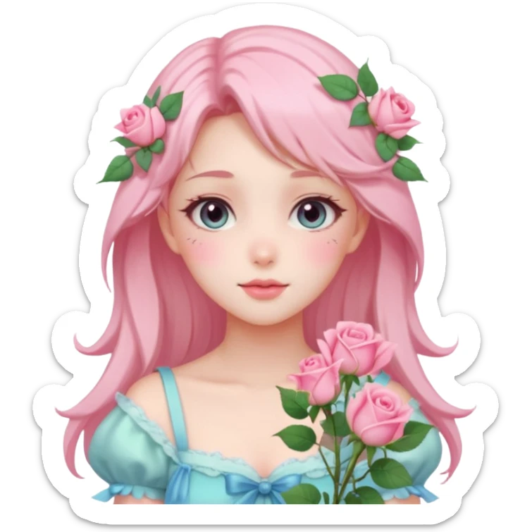 gorgeous pastel anime style lady with blushing face and roses cottagecore fairy sticker
